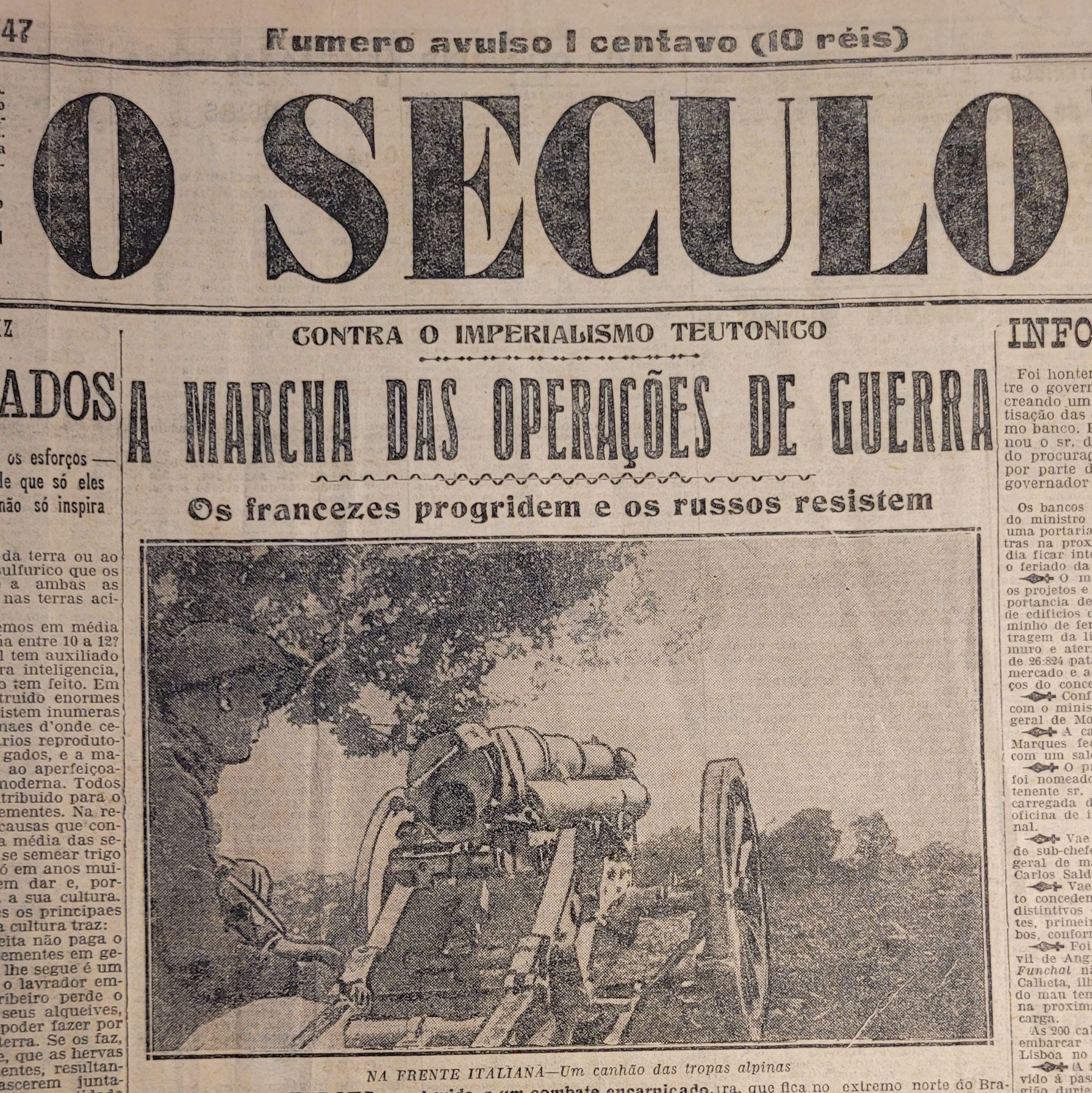 Página do jornal O Século com notícias da Primeira Guerra Mundial