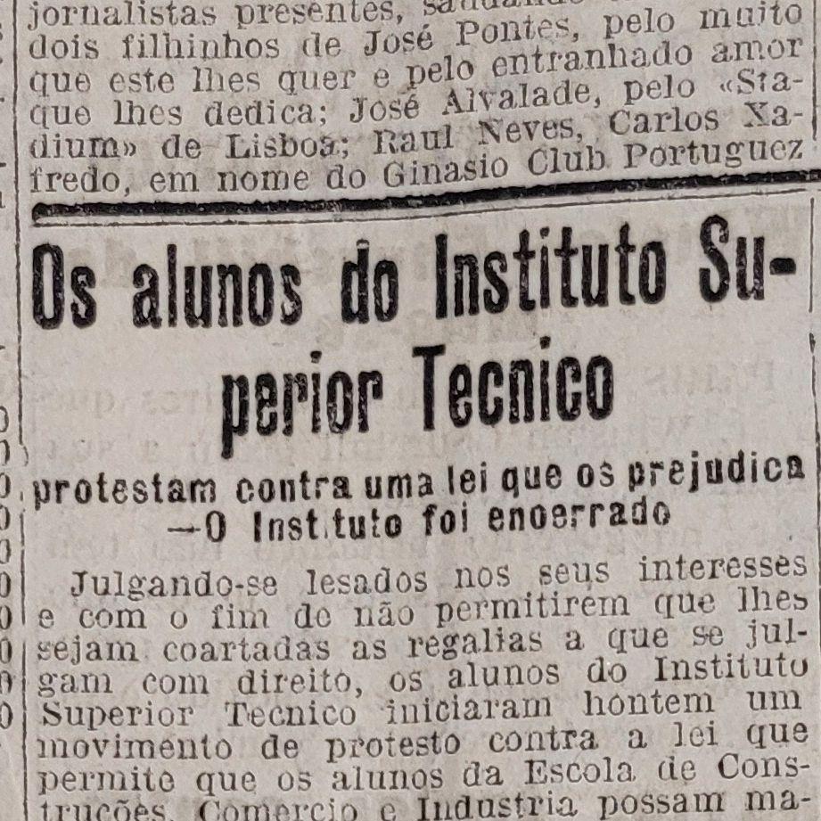 Notícia do jornal O Século sobre uma manifestação de alunos do Instituto Superior Técnico